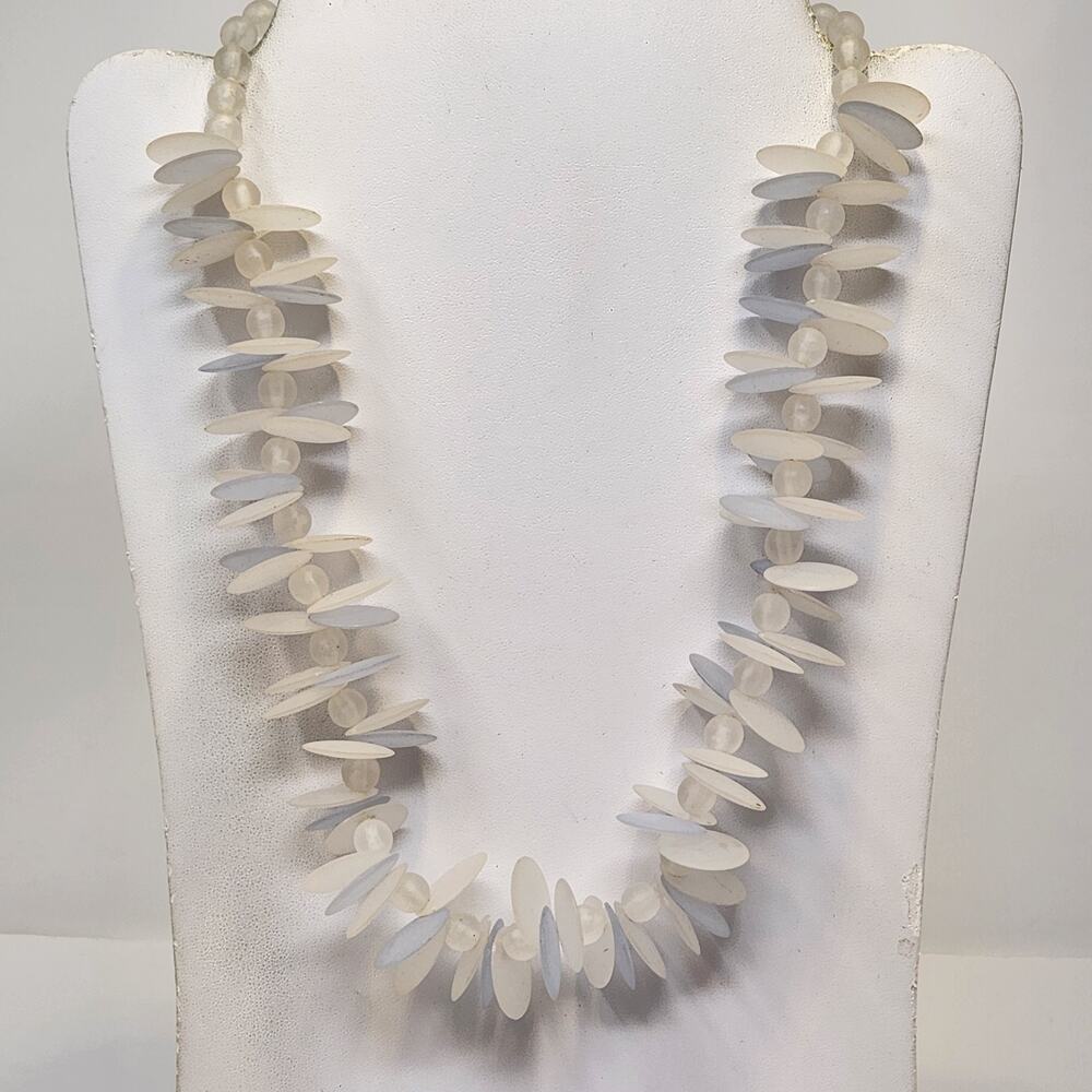 Frosted Clear Blue Bead Disc Single Strand Necklace Vintage Jewelry Statement